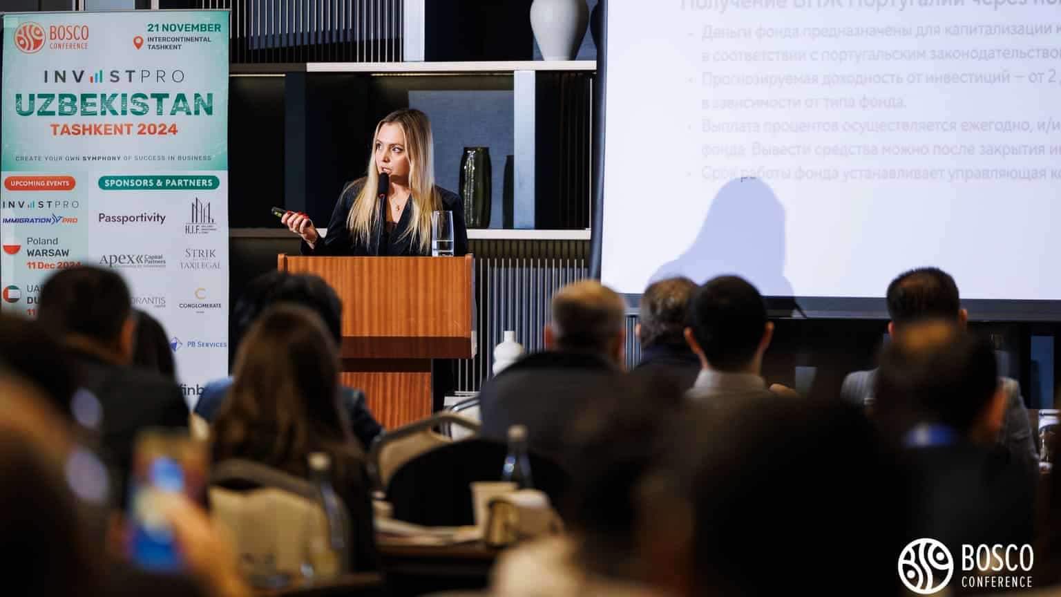 Юлия Веремьева и Елена Климовская представляют Legal Immigration на конференции InvestPro в Ташкенте, 2024 год