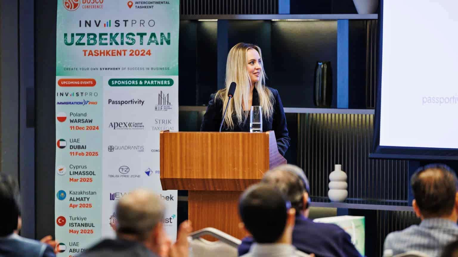 Юлия Веремьева и Елена Климовская представляют Legal Immigration на конференции InvestPro в Ташкенте, 2024 год